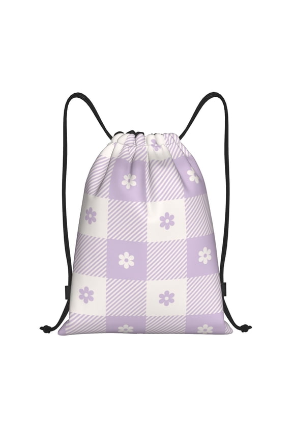 Floral Purple Buffalo Plaid Print Drawstring Backpack Bag,Waterproof Draw String Back Sack, Gym Drawstring Bags Swim Bag For Unisex