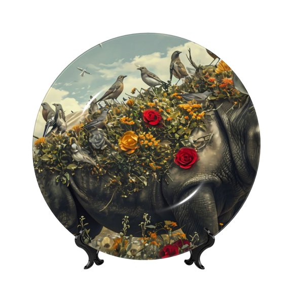 Kdxio Floral Rhino With Birds Bone China Decorative Plate Ceramic Decorative Plate for Home Office Wall Stand Decorative Plates for Home Bedroom-7in