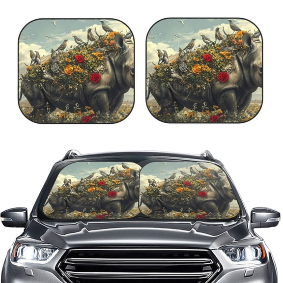 Kdxio Floral Rhino With Birds Print 2-Piece Sun Shade Front Windshield - Foldable Car Front Window Sunshades for Most Sedans SUV Truck