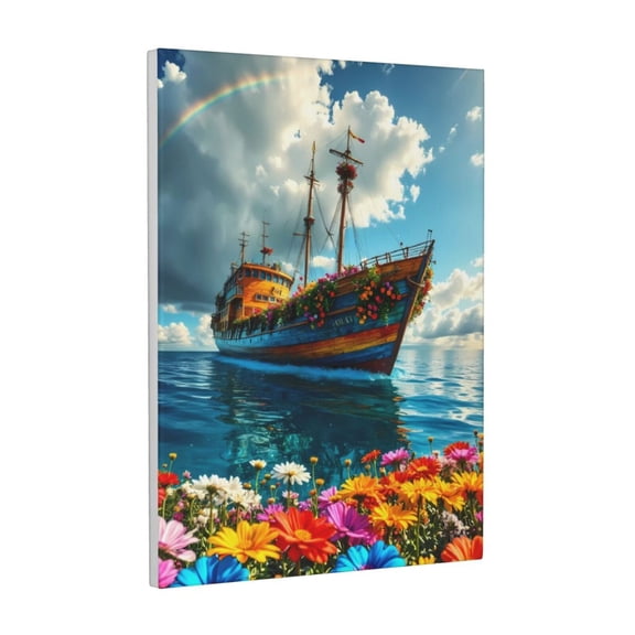 Kdxio Floral Ship On Ocean Pattern Canvas Wall Art 12x16 Inches - Waterproof HD Print Solid Wood Frame for Living Room & Bathroom,Vertical