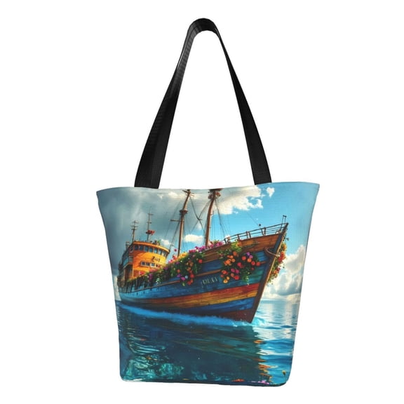 Kdxio Floral Ship On Ocean Women Reusable Grocery Bags Foldable Ripstop,Reusable Shopping Bags for Shopping,Gym,Gift