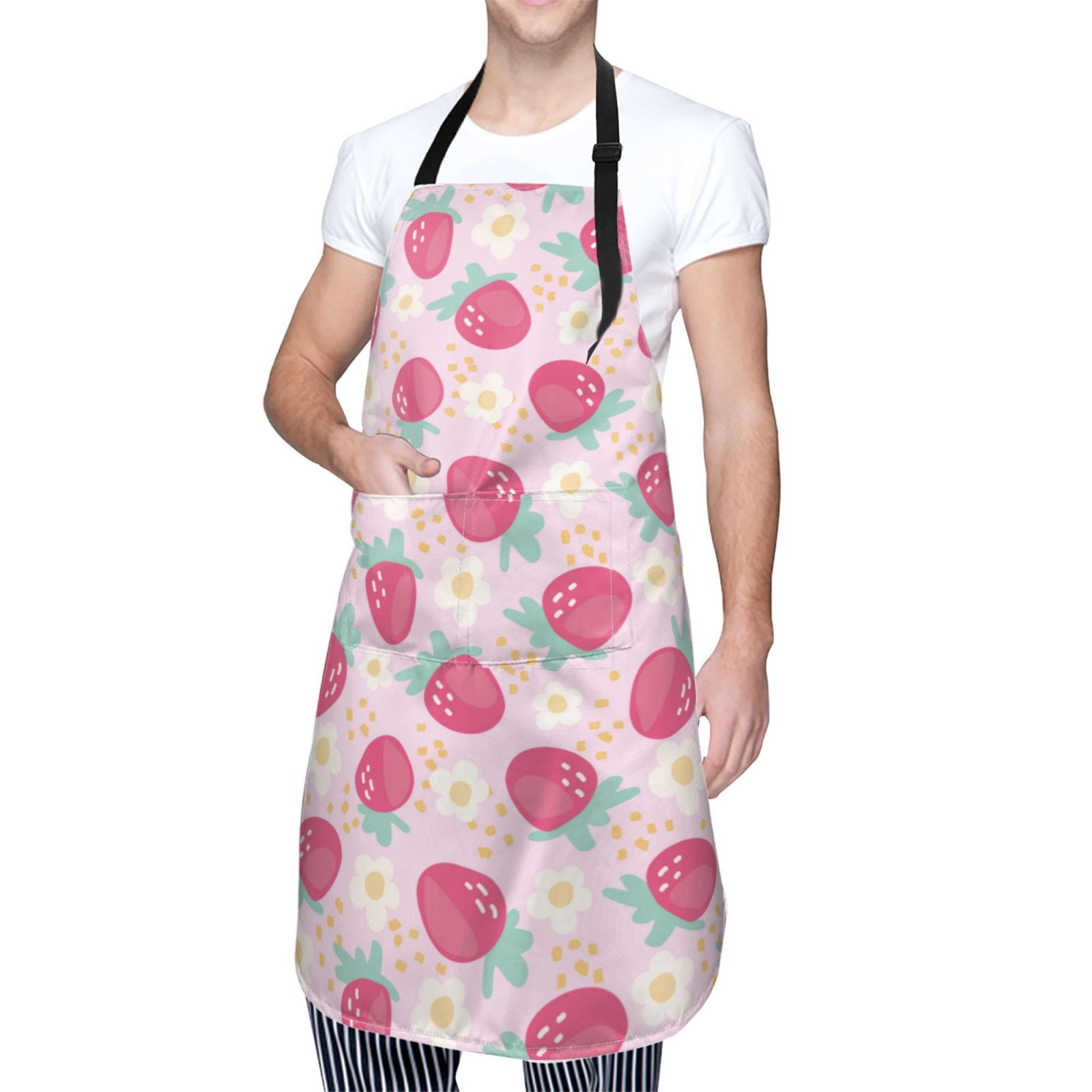 Kdxio Floral Strawberr Apron with Pockets Adjustable Kitchen Aprons for Men Women Waterproof Aprons for Cooking,Drawing,Crafting, Baking Household Cleaning