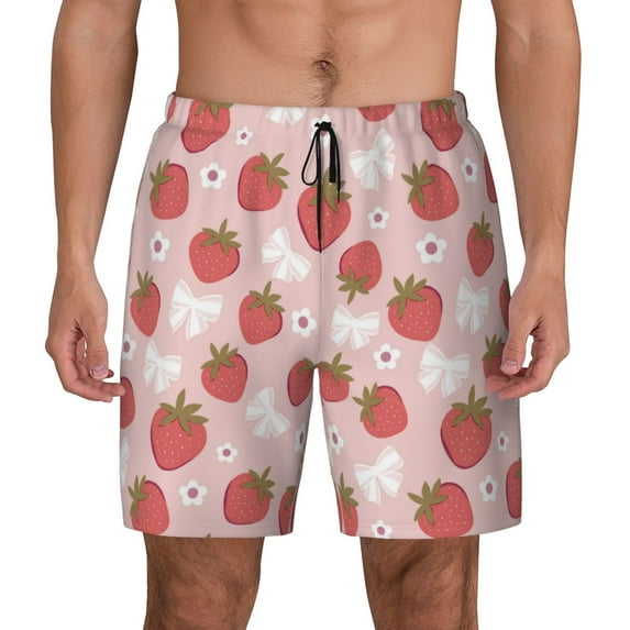 Kdxio Floral Strawberr Print Men's Swim Trunks with Compression Liner 7 Inch Inseam Quick Dry Swim Shorts