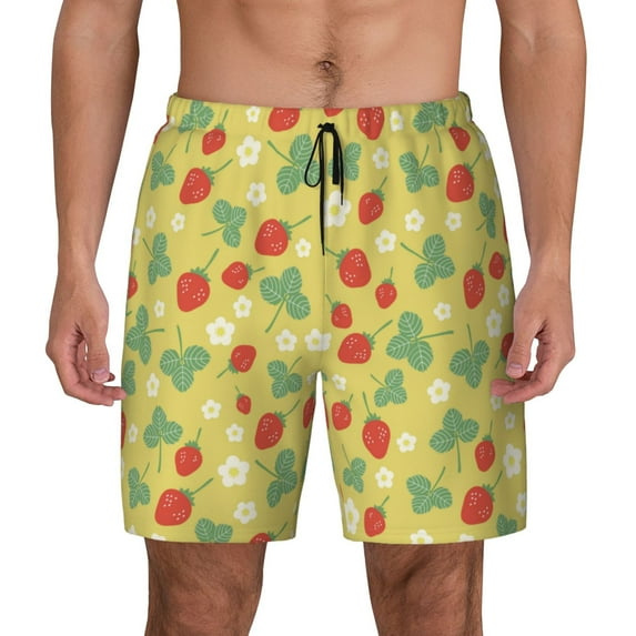 Kdxio Floral Strawberr Print Men's Swim Trunks with Compression Liner 7 Inch Inseam Quick Dry Swim Shorts