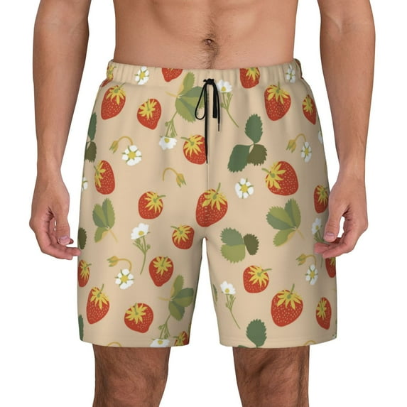 Kdxio Floral Strawberr Print Men's Swim Trunks with Compression Liner 7 Inch Inseam Quick Dry Swim Shorts