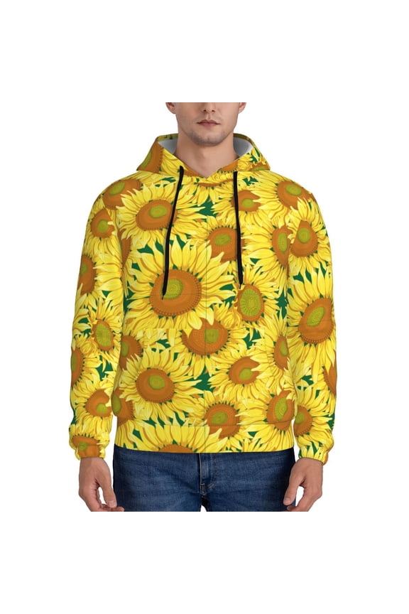 Floral Sunflowers Print Mens Casual Hooded Collar Drawstring Hoodies Pullover Sweatshirts Casual Long Sleeve Shirts-Large