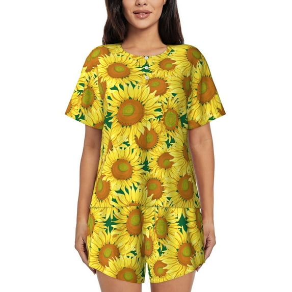 Kdxio Floral Sunflowers Print Pajamas Sets for Women Short-Sleeved Pjs with Lounge Shorts Two Piece Sleepwear S-4XL