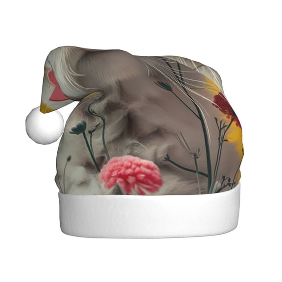 Kdxio Floral Sunglasses Cat Art for Christmas Hat Santa Hats for Adults Unisex Red Velvet Extra Thicken Xmas Hat for New Year Festive Holiday Party