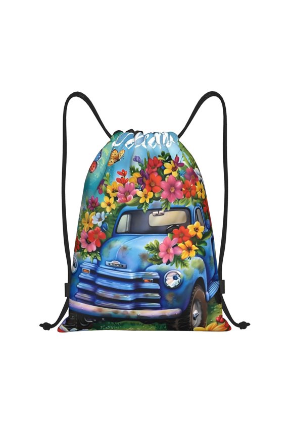 Floral Truck Welcome Print Drawstring Backpack Bag,Waterproof Draw String Back Sack, Gym Drawstring Bags Swim Bag For Unisex