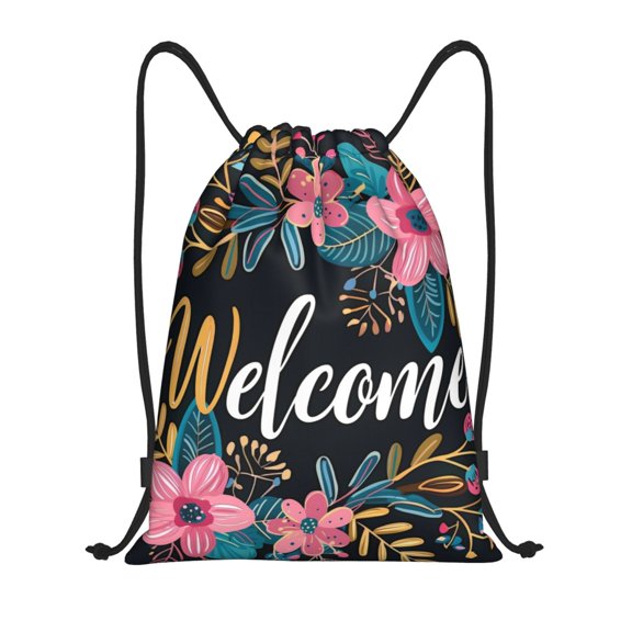 Kdxio Floral Welcome Sign Print Drawstring Backpack Bag,Waterproof Draw String Back Sack, Gym Drawstring Bags Swim Bag For Unisex