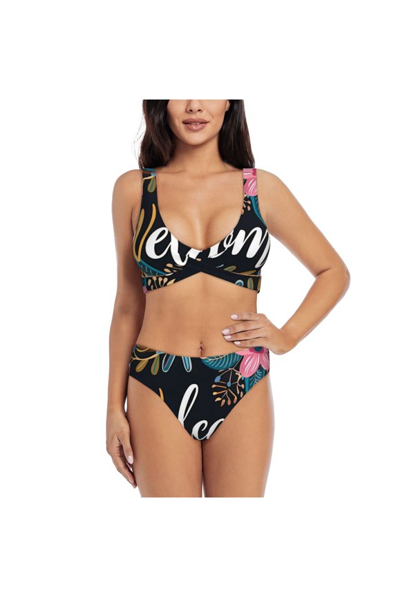 Floral Welcome Sign Print Women's 2 Piece High Waisted Wrap Spaghetti Strap Summer Swimsuit Bikini Set-Small