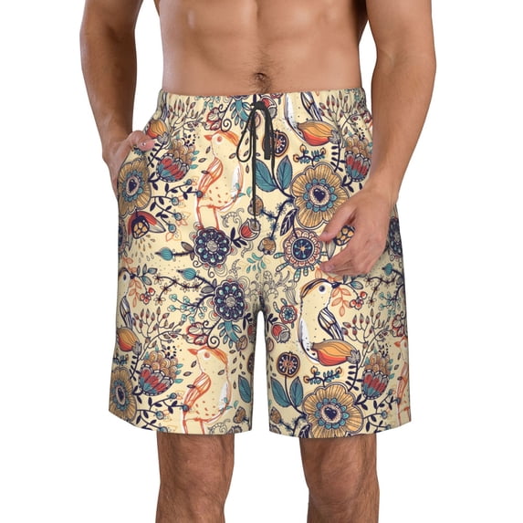 Kdxio Floral With Birds Pattern Mens Casual Shorts - Drawstring Summer Beach Sports Shorts for Men