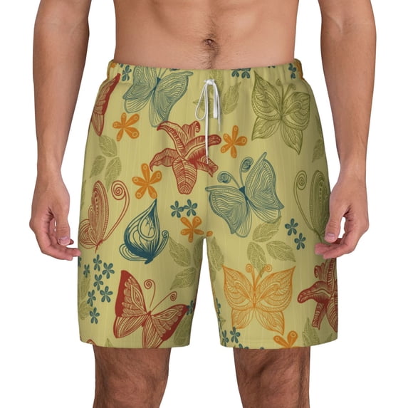 Kdxio Floral With Butterflies Print Men'S Swim Trunks With Compression Liner 7 Inch Inseam Quick Dry Swim Shorts