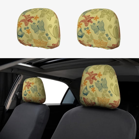 Kdxio Floral with Butterflies Pattern Print 2 Piece Car Head Rest Covers Set Auto Front/Rear Seats Headrest Cover Universal Fit Most Cars,Sedan, SUV