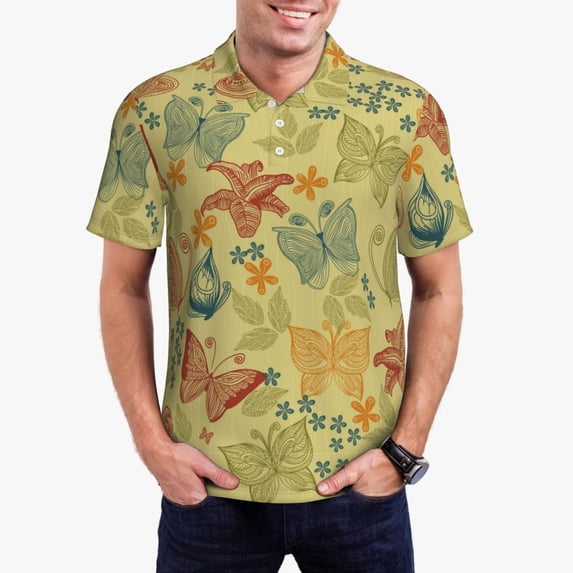 Kdxio Floral with Butterflies Print Men's Short Sleeve Polo Shirt,Midweight Men's Shirt