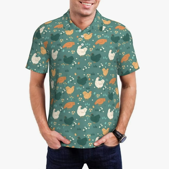 Kdxio Flowe Rooster Print Men's Short Sleeve Polo Shirt,Midweight Men's Shirt