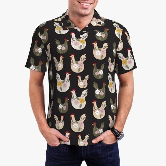 Kdxio Flowe Rooster Print Men's Short Sleeve Polo Shirt,Midweight Men's Shirt