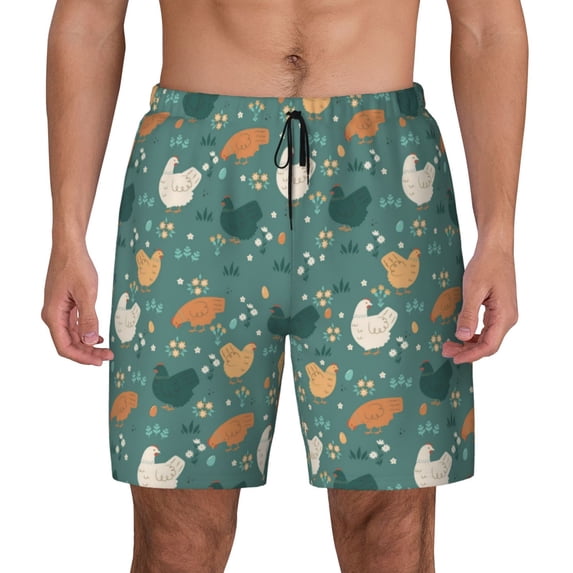 Kdxio Flowe Rooster Print Men's Swim Trunks with Compression Liner 7 Inch Inseam Quick Dry Swim Shorts