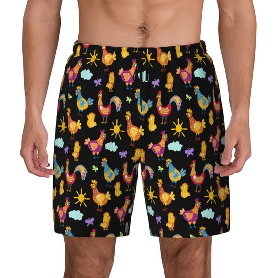 Kdxio Flowe Rooster Print Men's Swim Trunks with Compression Liner 7 Inch Inseam Quick Dry Swim Shorts
