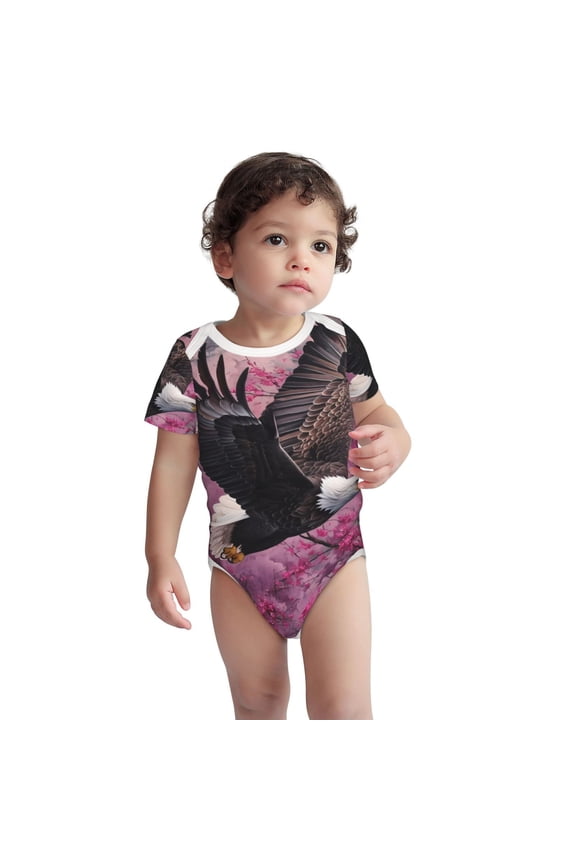 Flower Bald Eagle Pattern Unisex Baby Cotton Short Sleeve Bodysuits-2 Years