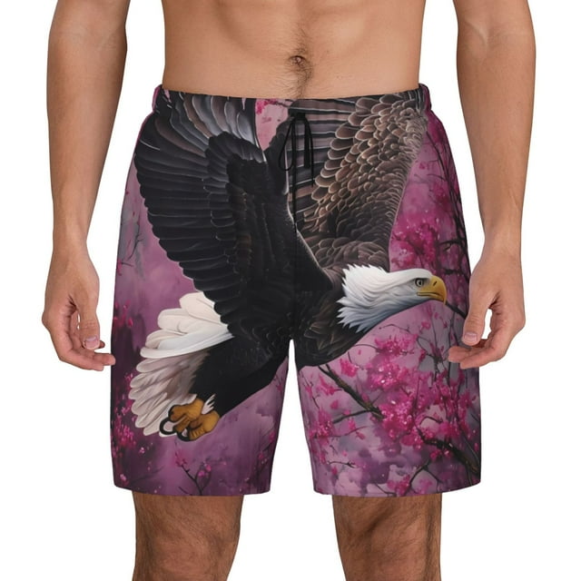 Kdxio Flower Bald Eagle Print Men's Swim Trunks with Compression Liner