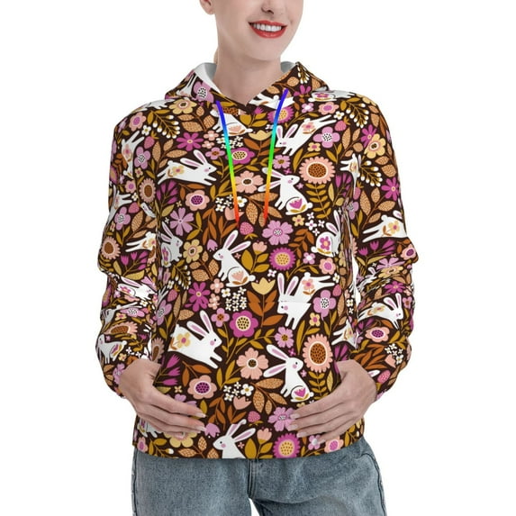 Kdxio Flower Bunny Print Womens Oversized Hoodies Sweatshirts Hooded Pullover Tops Sweaters Casual-XX-Large