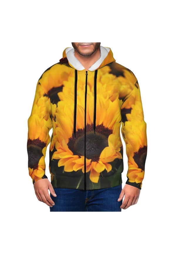 Flower Bush Sunflower Print Men Hoodies Casual Hoodies for Men with Zip Pockets Full Zip Long Sleeve Sweatshirt Sports Hooded Jacket-XX-Large