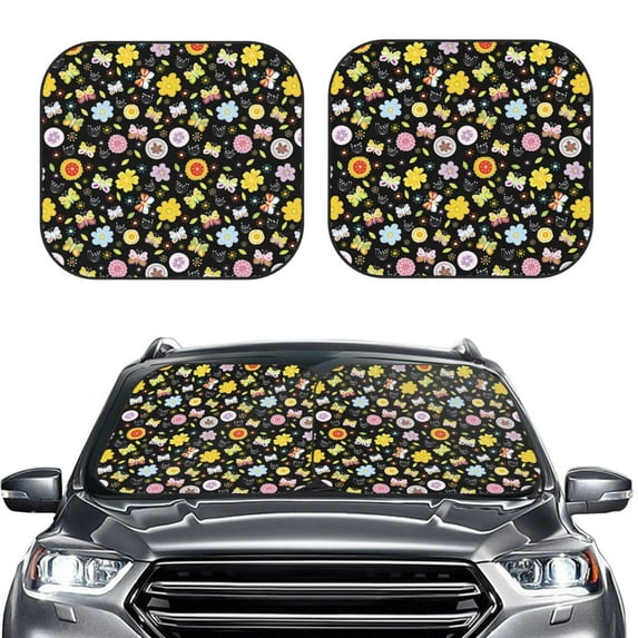 Kdxio Flower Butterfly Print 2-Piece Sun Shade Front Windshield - Foldable Car Front Window Sunshades for Most Sedans SUV Truck