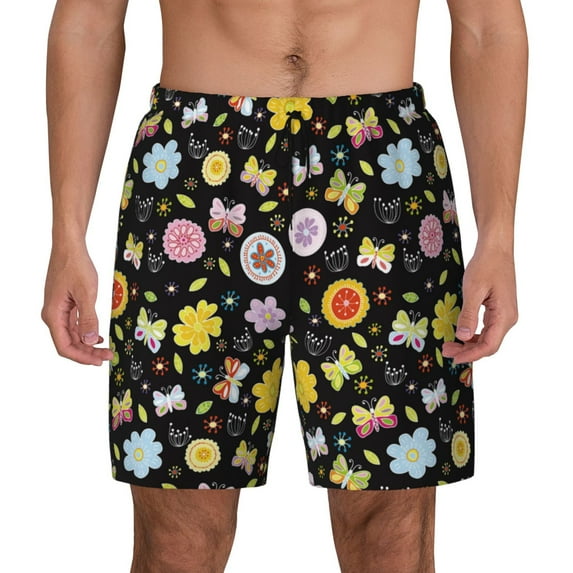 Kdxio Flower Butterfly Print Men's Swim Trunks with Compression Liner 7 Inch Inseam Quick Dry Swim Shorts