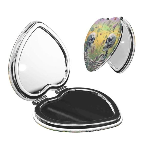 Kdxio Flower Butterfly Skull Couple Pocket Mirror, 1X/2X Travel Makeup Mirror 2-Sided Folding Small Mirror Portable Double-Sided Magnifying Cosmetic Mirror for Gift-Heart Shape