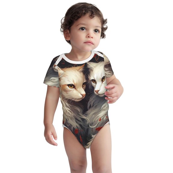 Kdxio Flower Cat Couple Pattern Unisex Baby Cotton Short Sleeve Bodysuits-2 Years