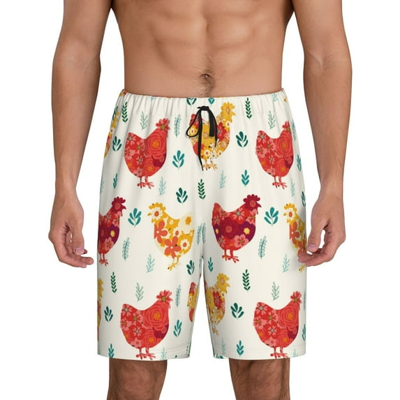 Kdxio Flower Chicken Print Mens Sleep Shorts Bottoms Soft Comfy Pajama Wear Pants with Drawstring Pockets