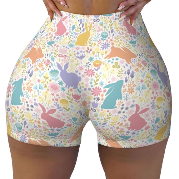 Kdxio Flower Color Rabbit Print Workout Shorts for Women Seamless Soft Smooth Gym Yoga Scrunch Active Shorts