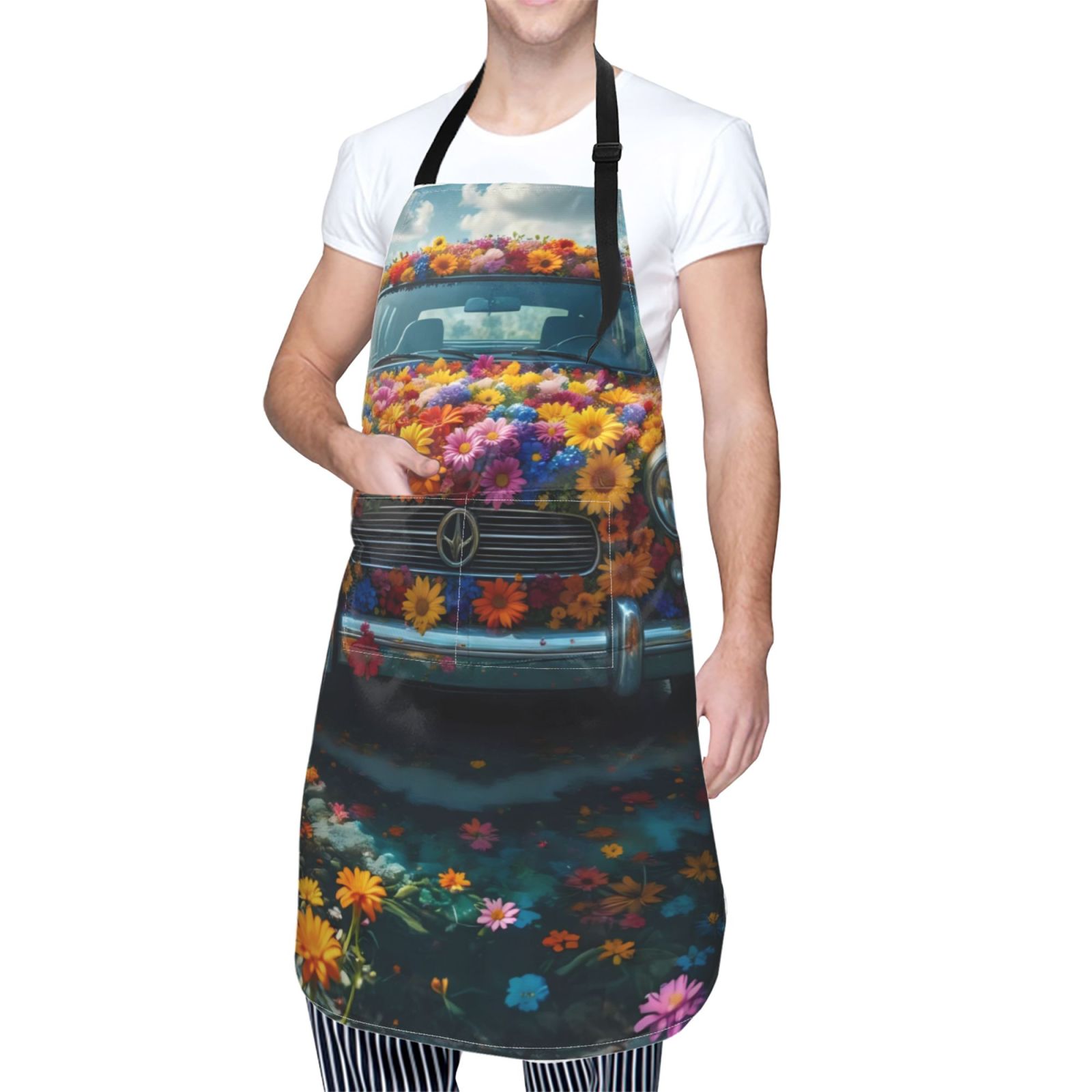 Kdxio Flower Covered Vintage Car Apron with Pockets Adjustable Kitchen Aprons for Men Women Waterproof Aprons for Cooking,Drawing,Crafting, Baking Household Cleaning