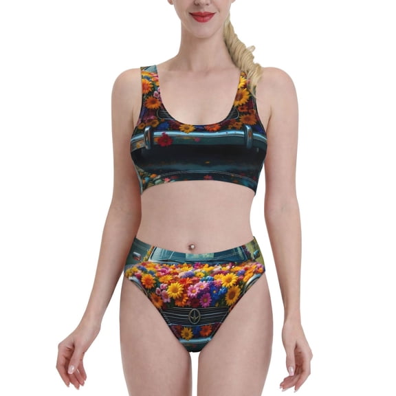 Kdxio Flower Covered Vintage Car for Womens High Waisted Bikini Top Sports Style Two Piece Bathing Suits