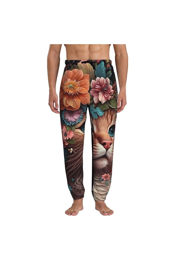 Flower Crown Cat Pattern Joggers,Sweatpants for Men with Pockets-X-Large