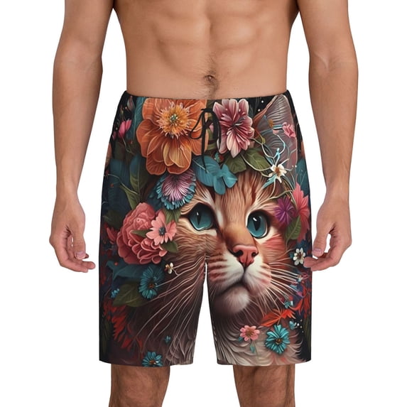 Kdxio Flower Crown Cat Print Mens Sleep Shorts Bottoms Soft Comfy Pajama Wear Pants with Drawstring Pockets