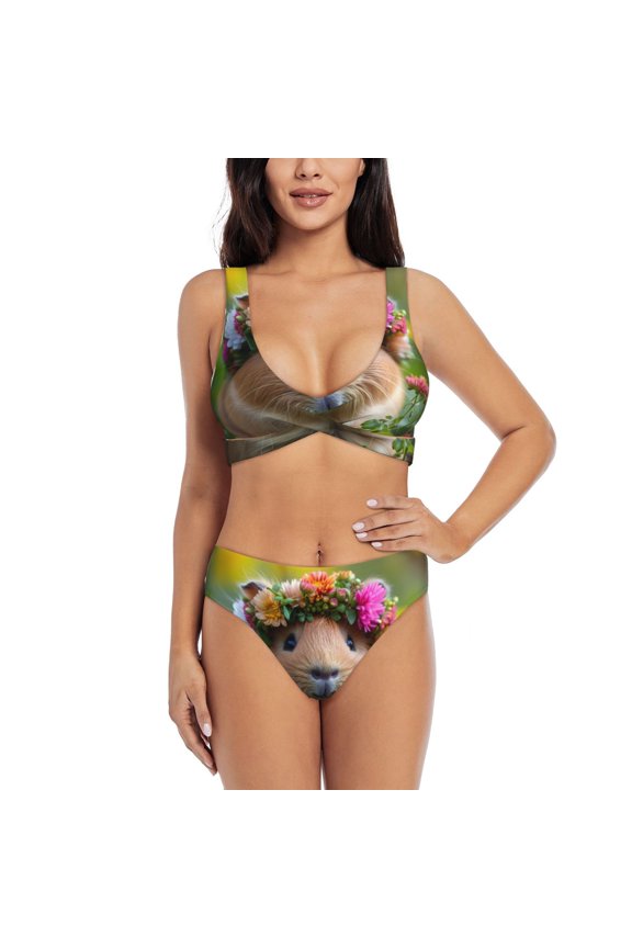 Flower Crown Guinea Pig Print Women's 2 Piece High Waisted Wrap Spaghetti Strap Summer Swimsuit Bikini Set-Large