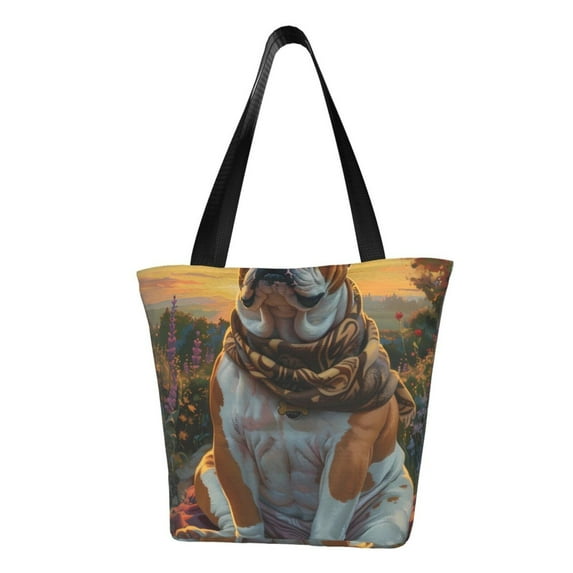 Kdxio Flower Field Cute Bulldog Women Reusable Grocery Bags Foldable Ripstop,Reusable Shopping Bags for Shopping,Gym,Gift
