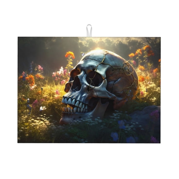 Kdxio Flower Field Skull for Dish Drying Mat,24*18 inch Absorbent Dish Drainer Kitchen Counter,Large Size Dish Drying Pad for Countertops,Draining Racks