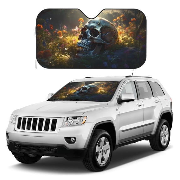 Kdxio Flower Field Skull Print Windshield Sun Shade, Foldable Sun Blocker for Car,Truck,SUV Automotive Interior Sun Protection,Reflective Shade for Front Windshield(Small)