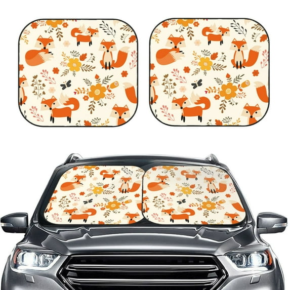 Kdxio Flower Fox Print 2-Piece Sun Shade Front Windshield - Foldable Car Front Window Sunshades For Most Sedans Suv Truck