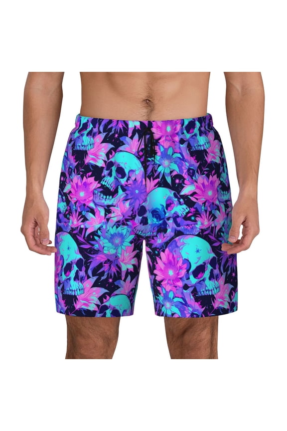 Flower Happy Skull Print Men's Swim Trunks with Compression Liner 7 Inch Inseam Quick Dry Swim Shorts