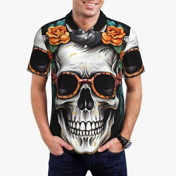 Kdxio Flower Horn Skull A Print Men's Short Sleeve Polo Shirt,Midweight Men's Shirt