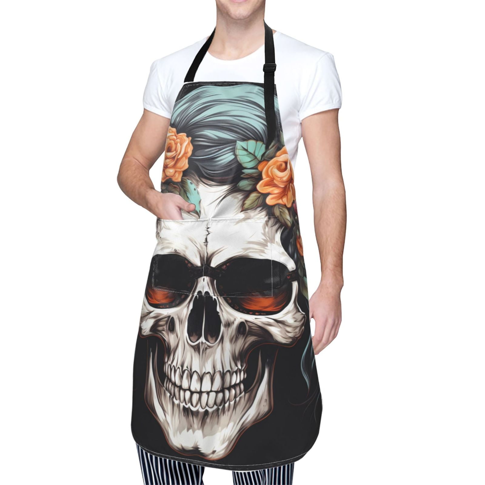 Kdxio Flower Horn Skull Apron with Pockets Adjustable Kitchen Aprons for Men Women Waterproof Aprons for Cooking,Drawing,Crafting, Baking Household Cleaning