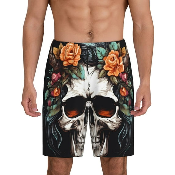Kdxio Flower Horn Skull Print Mens Sleep Shorts Bottoms Soft Comfy Pajama Wear Pants with Drawstring Pockets