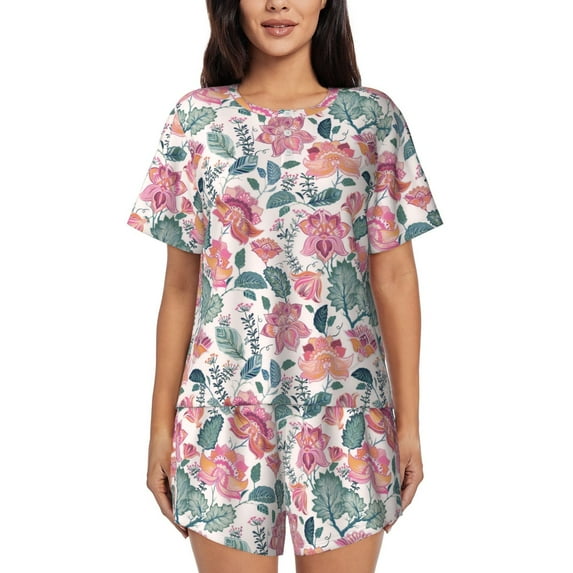 Kdxio Flower Leaves Print Pajamas Sets for Women Short-Sleeved Pjs with Lounge Shorts Two Piece Sleepwear S-4XL