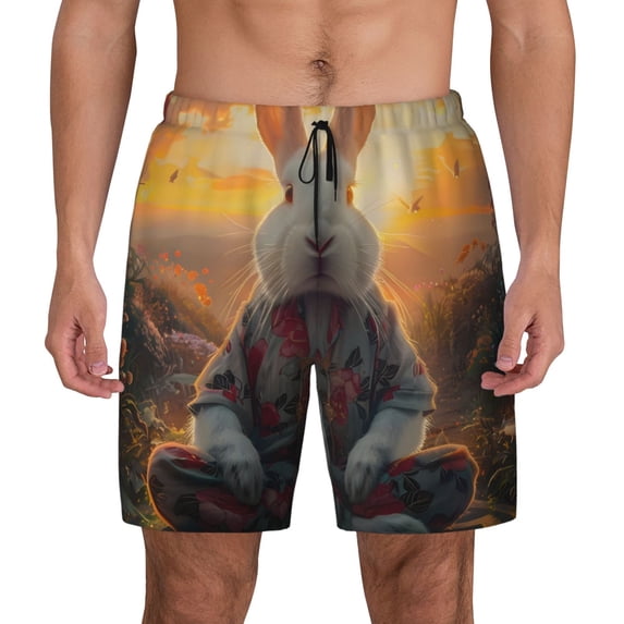 Kdxio Flower Meditating Rabbit Print Men's Swim Trunks with Compression Liner 7 Inch Inseam Quick Dry Swim Shorts