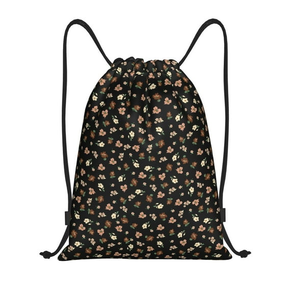 Kdxio Flower Pattern On Black Print Drawstring Backpack Bag,Waterproof Draw String Back Sack, Gym Drawstring Bags Swim Bag For Unisex