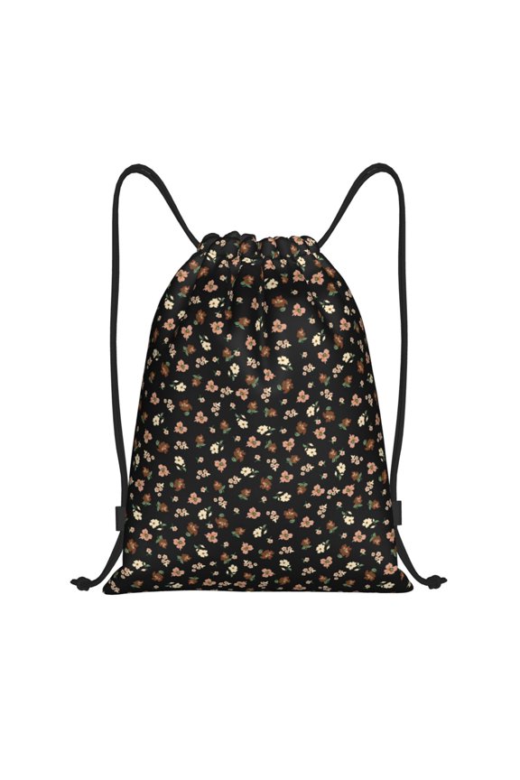 Flower Pattern On Black Print Drawstring Backpack Bag,Waterproof Draw String Back Sack, Gym Drawstring Bags Swim Bag For Unisex